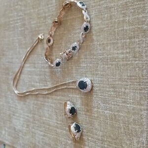 Marcasite Onyx Gold Plated 925 Necklace Bracelet Earrings Set